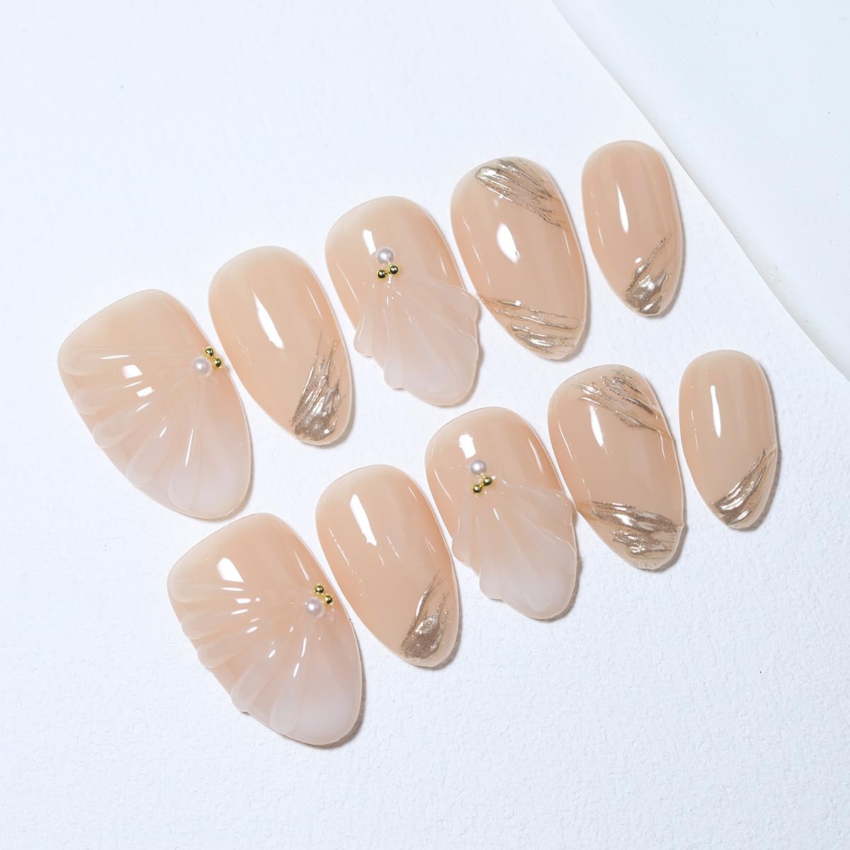 10 Short Almond Handmade Press On Nails | Nude 3D Seashell & Gold Brushstroke Design with Pearl Accents | Salon-Quality, Easy Apply/Remove, Reusable & Long-Lasting (251211, XS)