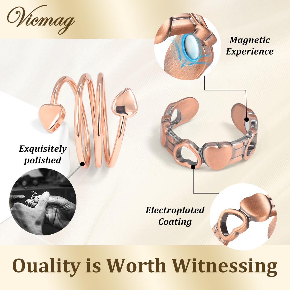 Vicmag 2PCS Magnetic Copper Rings for Women & Men,99.99% Pure Copper Ring with 9X Magnets Gift Adjustable(Heart & Love)