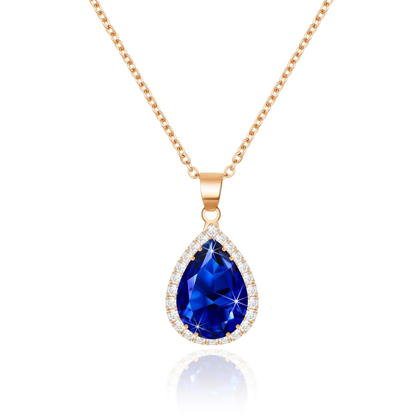Linawe Rose Gold Sapphire Crystal Navy Blue Imitation Diamond Pendant Necklace for Women Trendy, Cubic Zirconia Moonstone Moissanite Boho Wedding Bride Jewelry Set