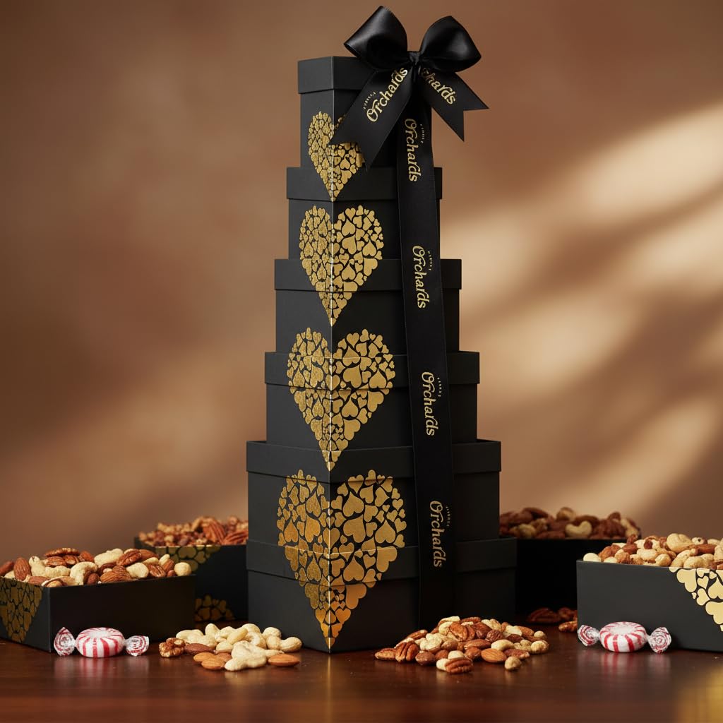 Mothers Day Nuts gift Basket Tower, Heart Design 6 Tier Food Baskets for Men and Women. Valentien Healthy Gift Basket.