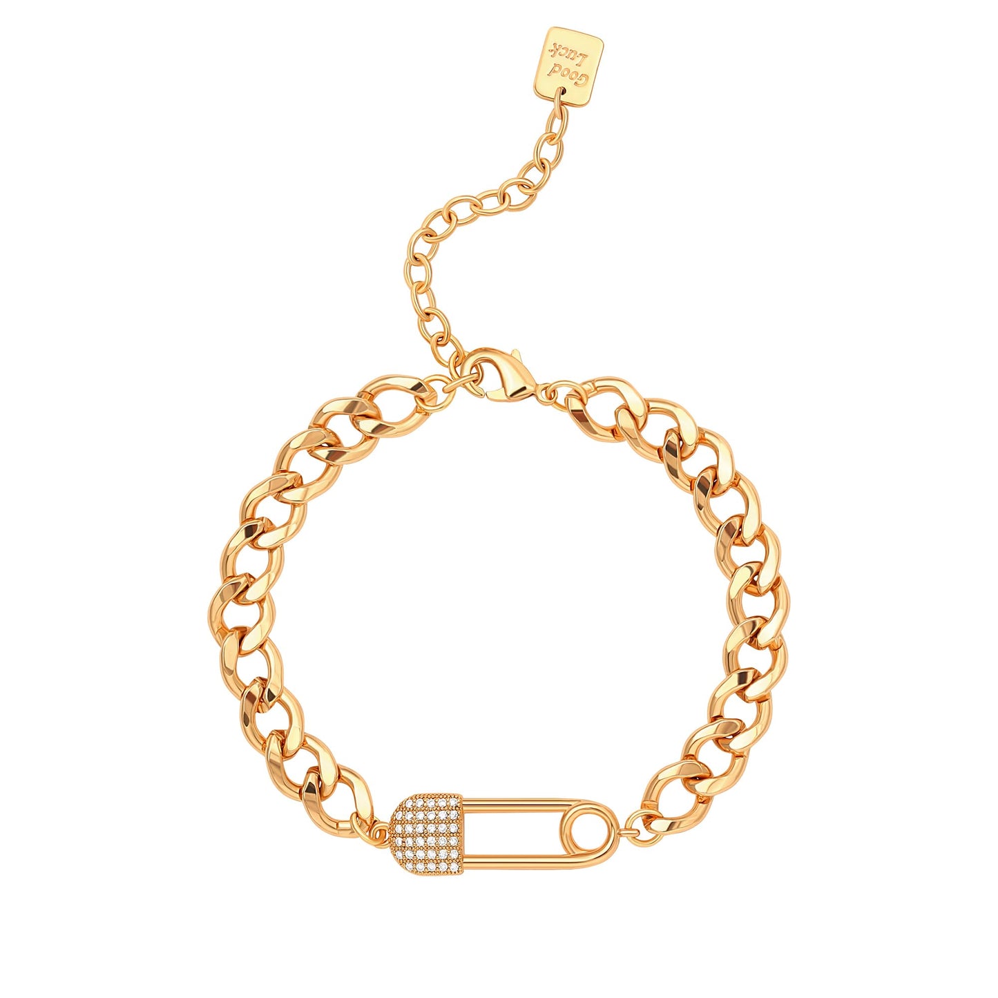 SOFYBJA Dainty 18K Gold Zircon Pin Cuban Chain Link Bracelet Personalized Adjustable Bracelet Layering Jewelry for Women