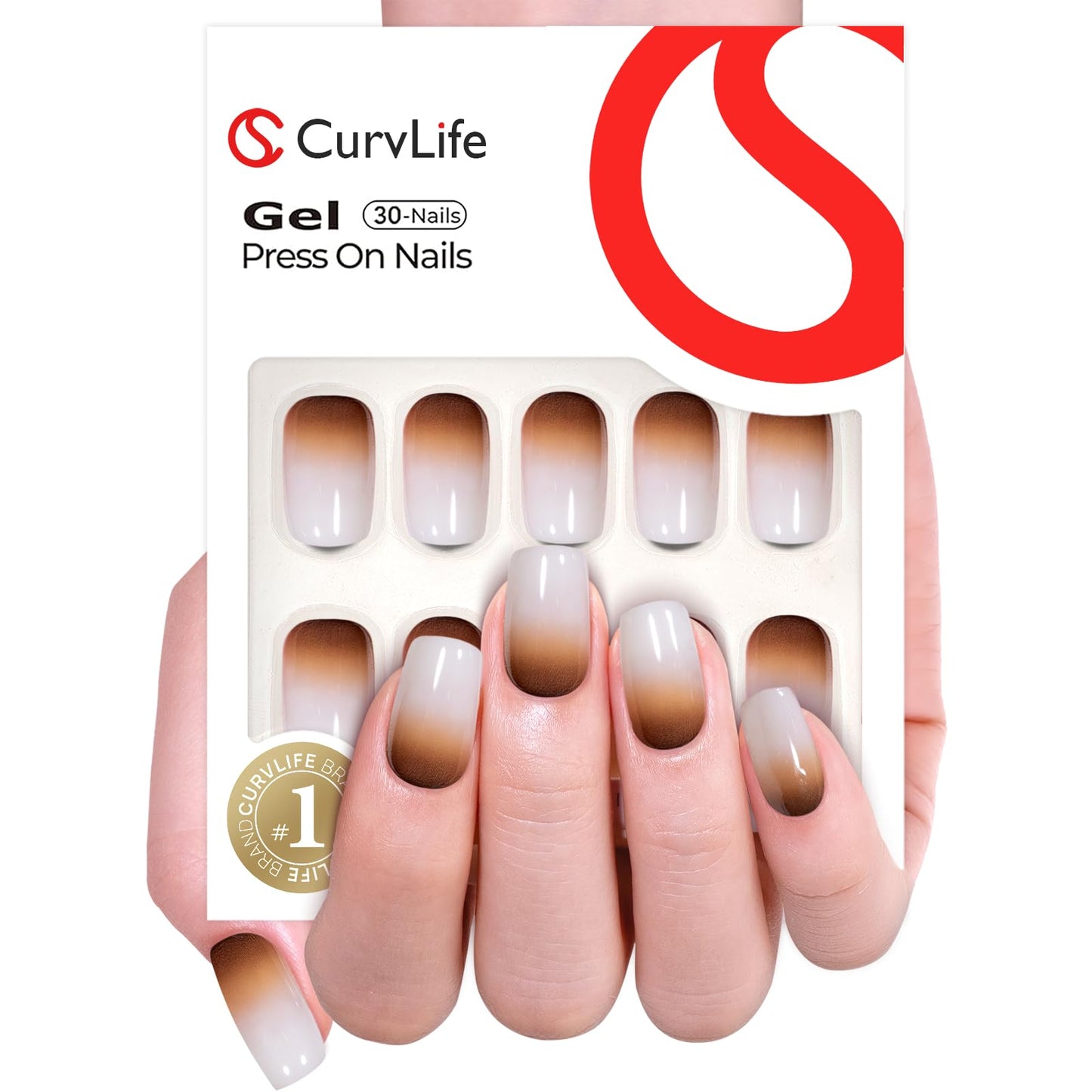 Curvlife Press on Nails with Brown and white Design Full Cover False Fake Nails Reusable Nail Kit with Nail Glue Adhesive Tabs Nail File