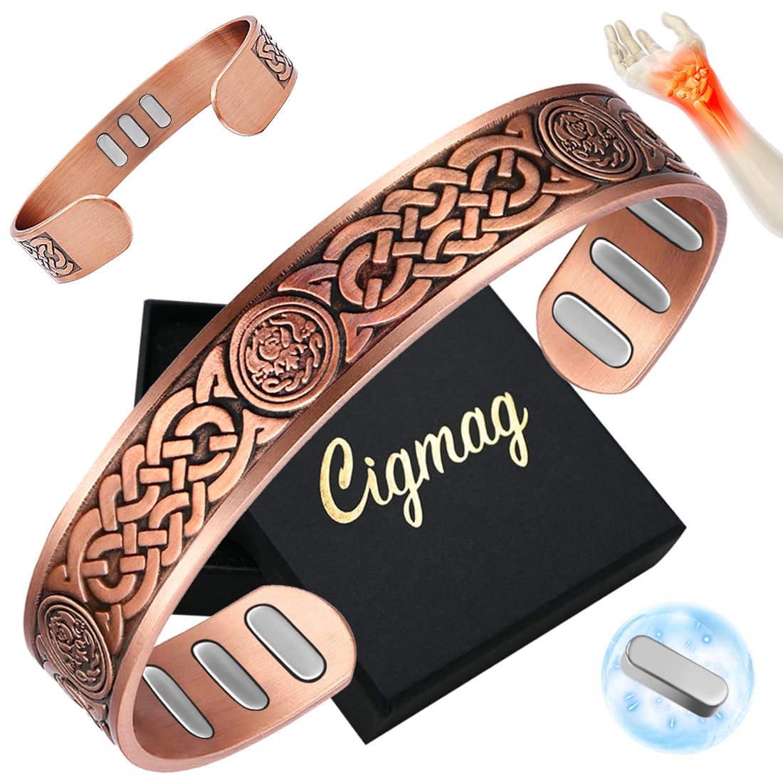 Cigmag Copper Bracelet for Men, with Powerful 9X 5000 Gauss Magnets, Adjustable Solid Pure Copper (Celtic Knot 2)