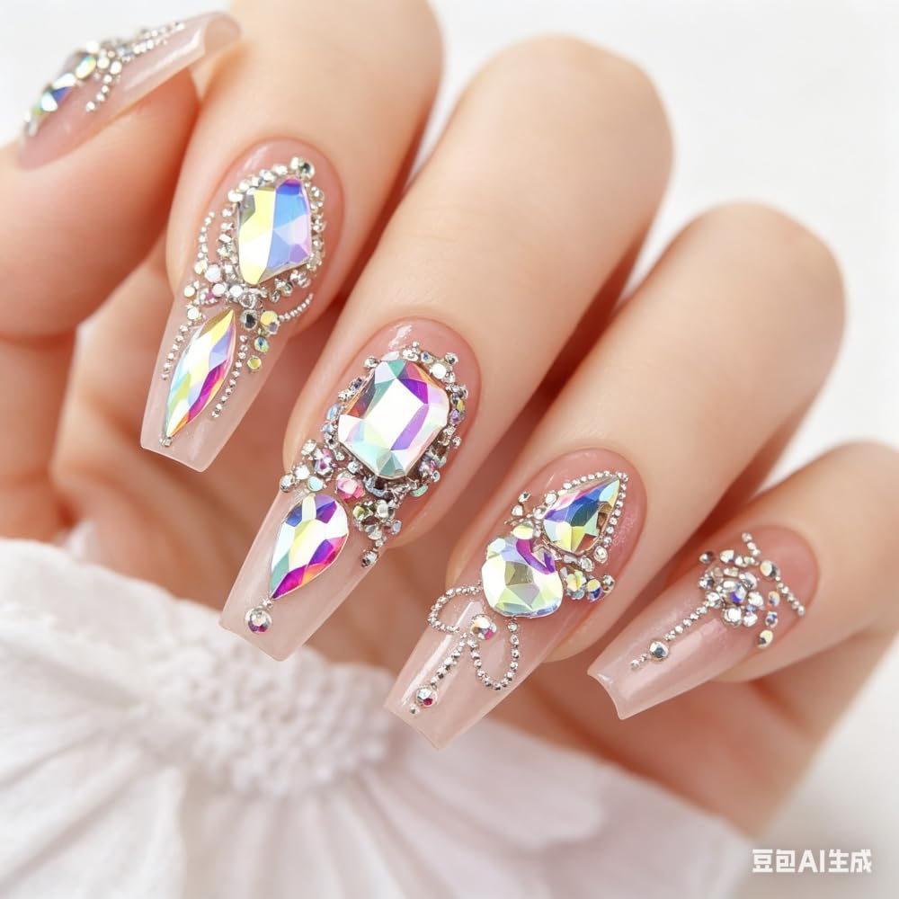 AB Crystal Nail Charms 3D Nail Gems Clear Flatback Nail Jewels Multi Shape Size Diamonds Nail Rhinestones Iridescent Mixed Size Round Hearts Crystals Gems for DIY Nails Faces Makeup Crafts 12Grid