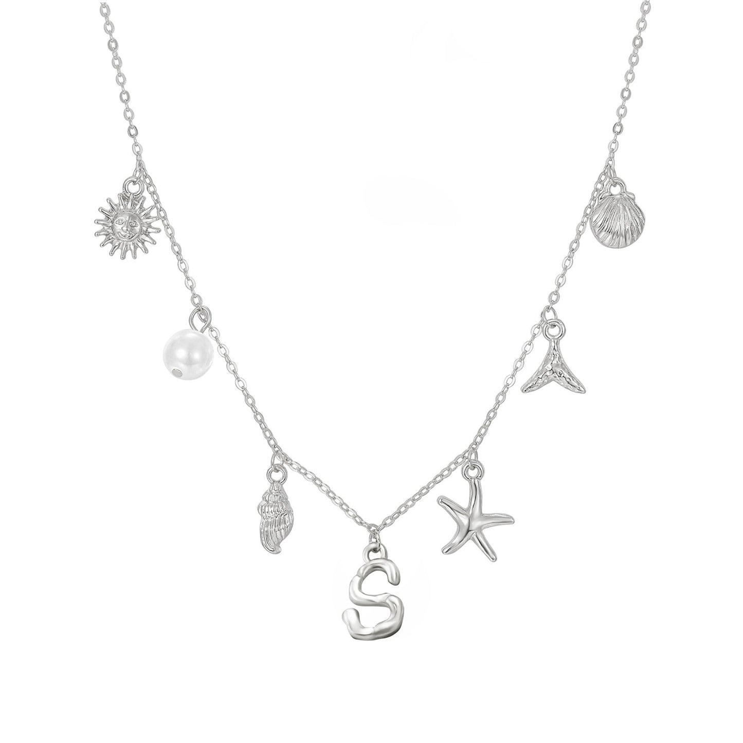 JALZEMPL Initial Charm Necklace For Women Seashell Shell Letter Boho Summer Beach Starfish 14k Gold Plated Silver Pendant Surfer Jewelry Gifts (S,Silver)