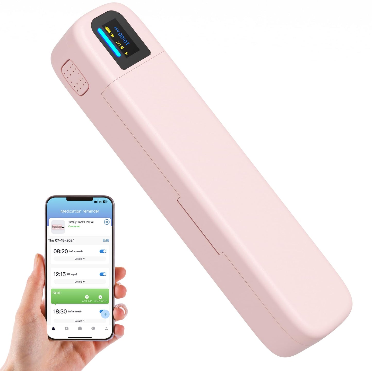 Smart Pill Dispenser with Alarm & Bluetooth, 7-Day Once-Daily Organizer & Travel Case, App-Controlled Medicine/Supplement/Vitamin Reminder, Portable Weekly Pill Box (Pink)