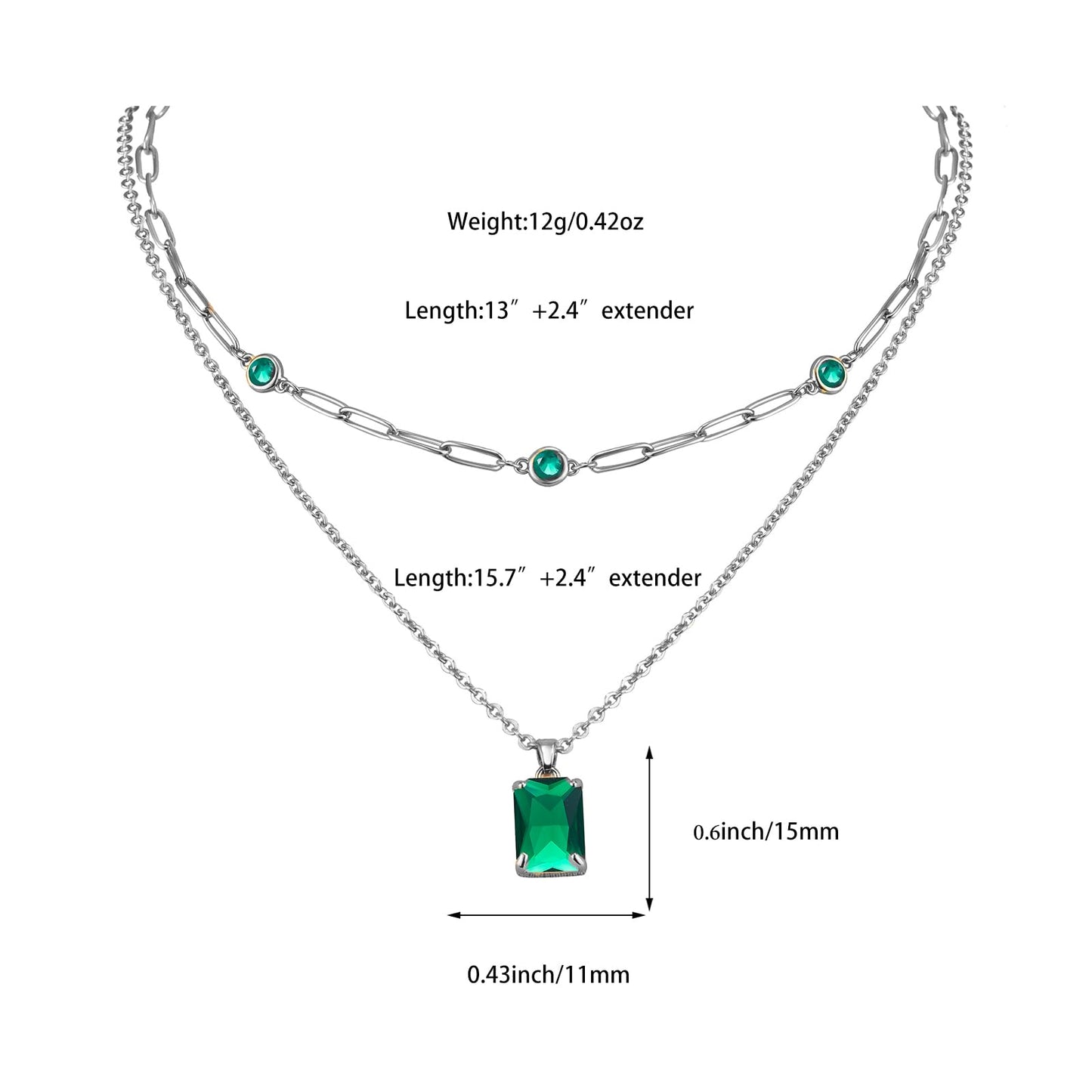 VANGETIMI Emerald Green and Silver Layered Pendant Necklaces for Women Silver Plated Crystal Choker Necklace Paperclip Rhinestone Necklace Party Prom Jewelry