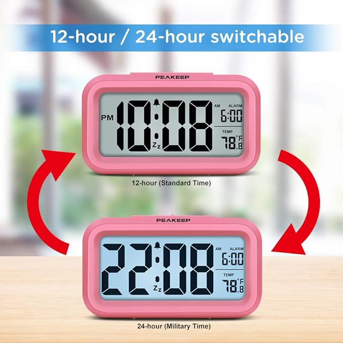 Peakeep Night Light Digital Alarm Clock Battery Operated Indoor Temperature | Small Cordless Cute Clock for Bedroom Desk Travel, Simple to Use for Teens Kids (Pink)