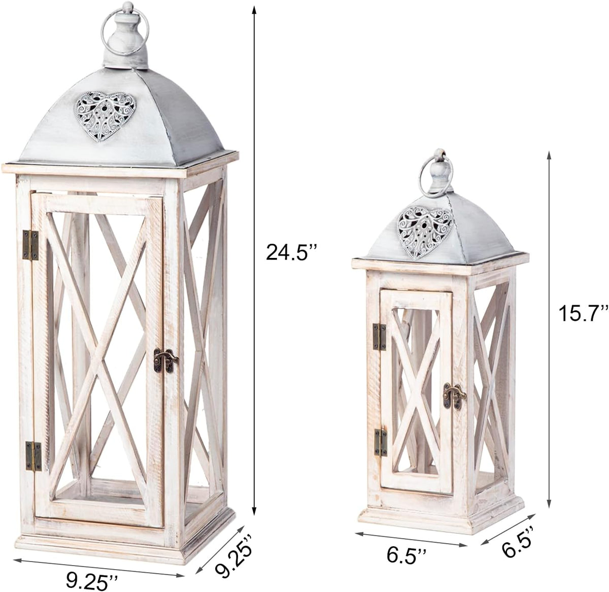Set of 2 Large Farmhouse Wooden Metal Lanterns, Rustic Decorative Floor Candle Lanterns, Whitewash Distressed Hanging Lanterns for Home Decor (No Glass)