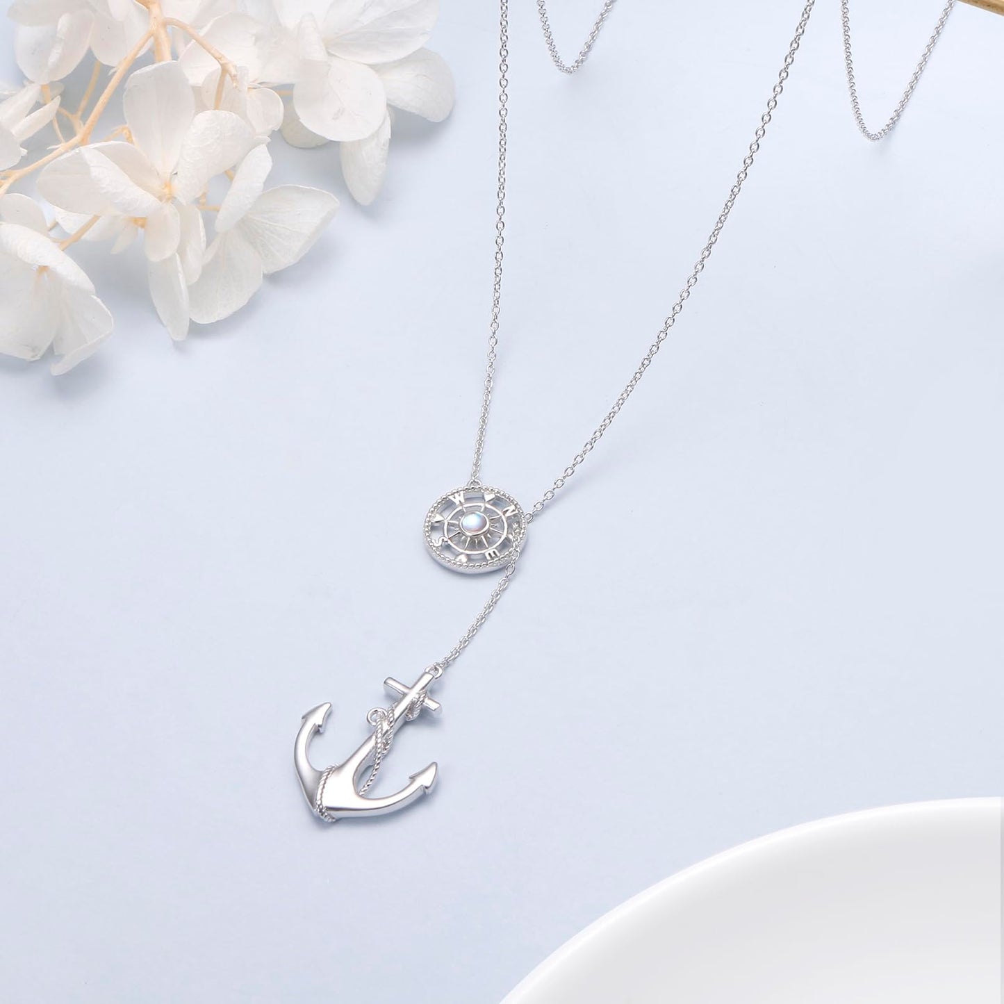 Anchor Necklace for Women 925 Sterling Silver Anchor Pendant Necklace with Moonstone Anchor Jewelry Y Shaped Lariat Style Necklace Polished Nautical Anchor Rope Fine Jewelry 30 inch for Love One