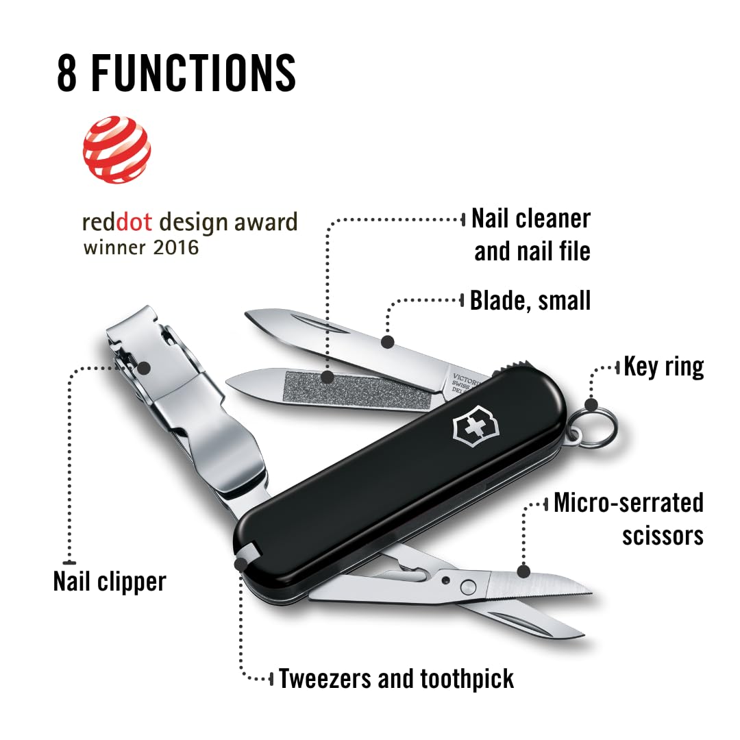 Victorinox Nail Clip 580, 8 Functions, Swiss Made Multi-Tool with Nail File, Nail Cleaner and Small Blade - Black