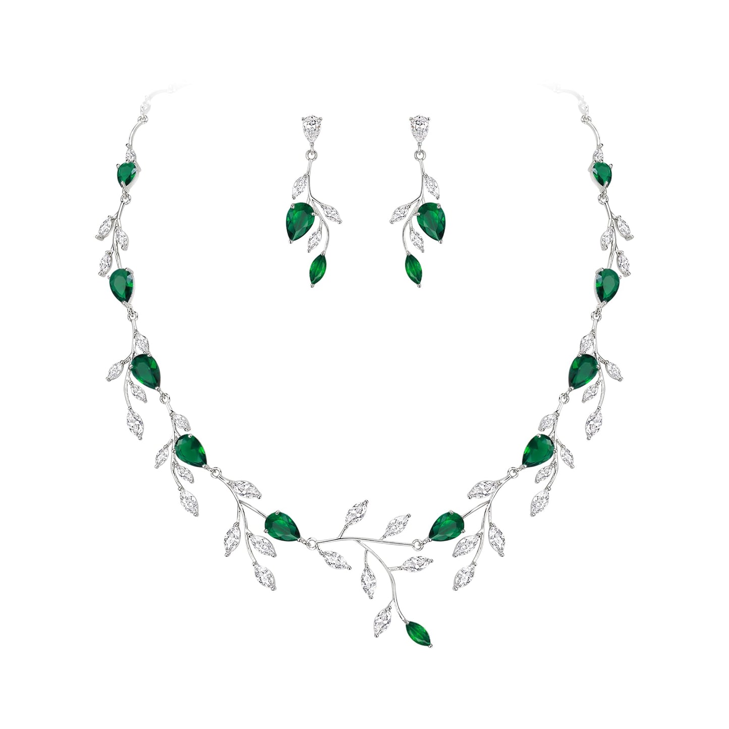 EVER FAITH Wedding Bridal Jewelry Set for Brides Sparkly Green CZ Pear-Shaped May Birthstone Leaf Necklace Dangle Earrings Sets for Prom