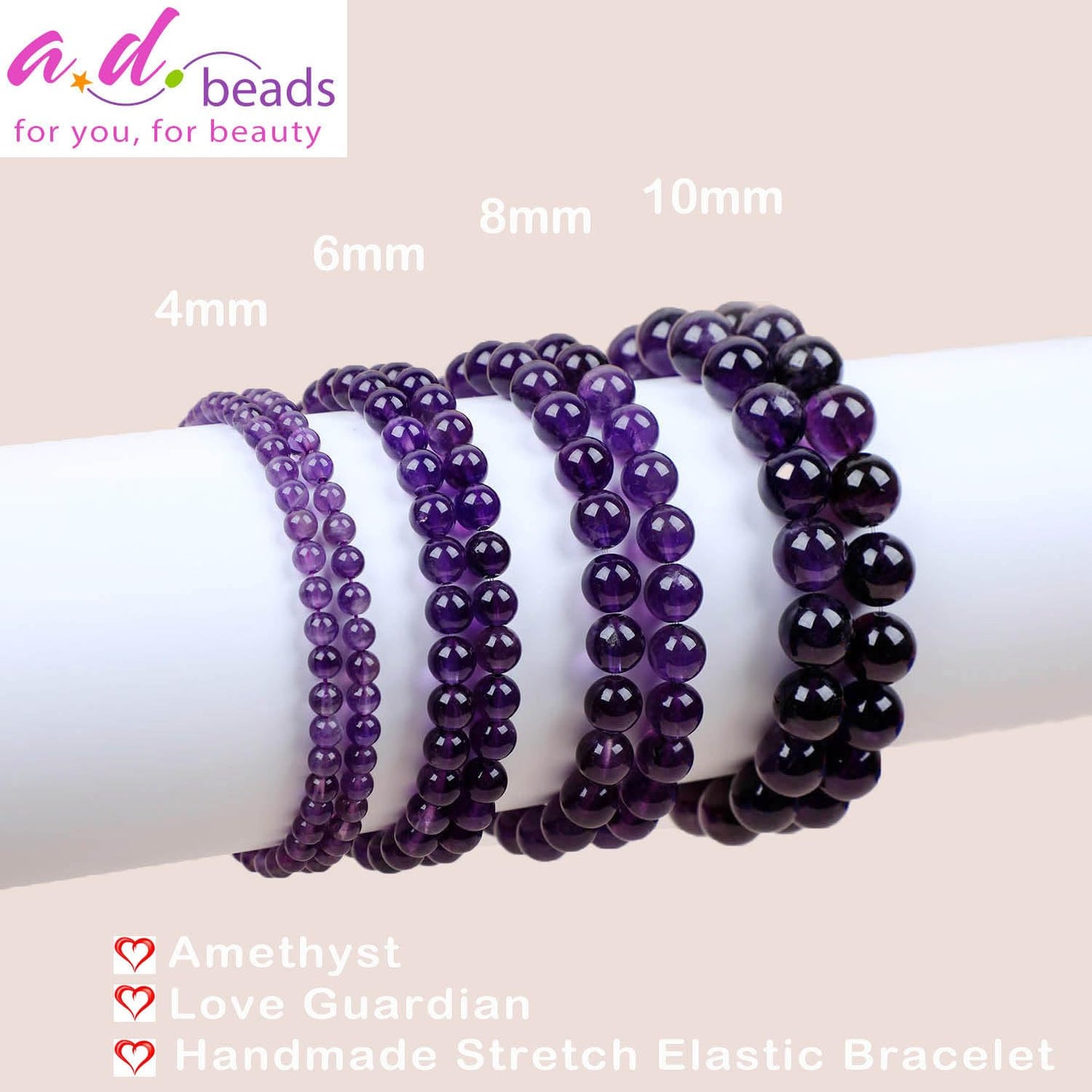 AD Beads Handmade Gemstone Stretch Elastic Bracelet Crystal Healing Reiki Nature's Beauty and Spiritual Essence Unisex (10mm, Amethyst (Love Guardian))