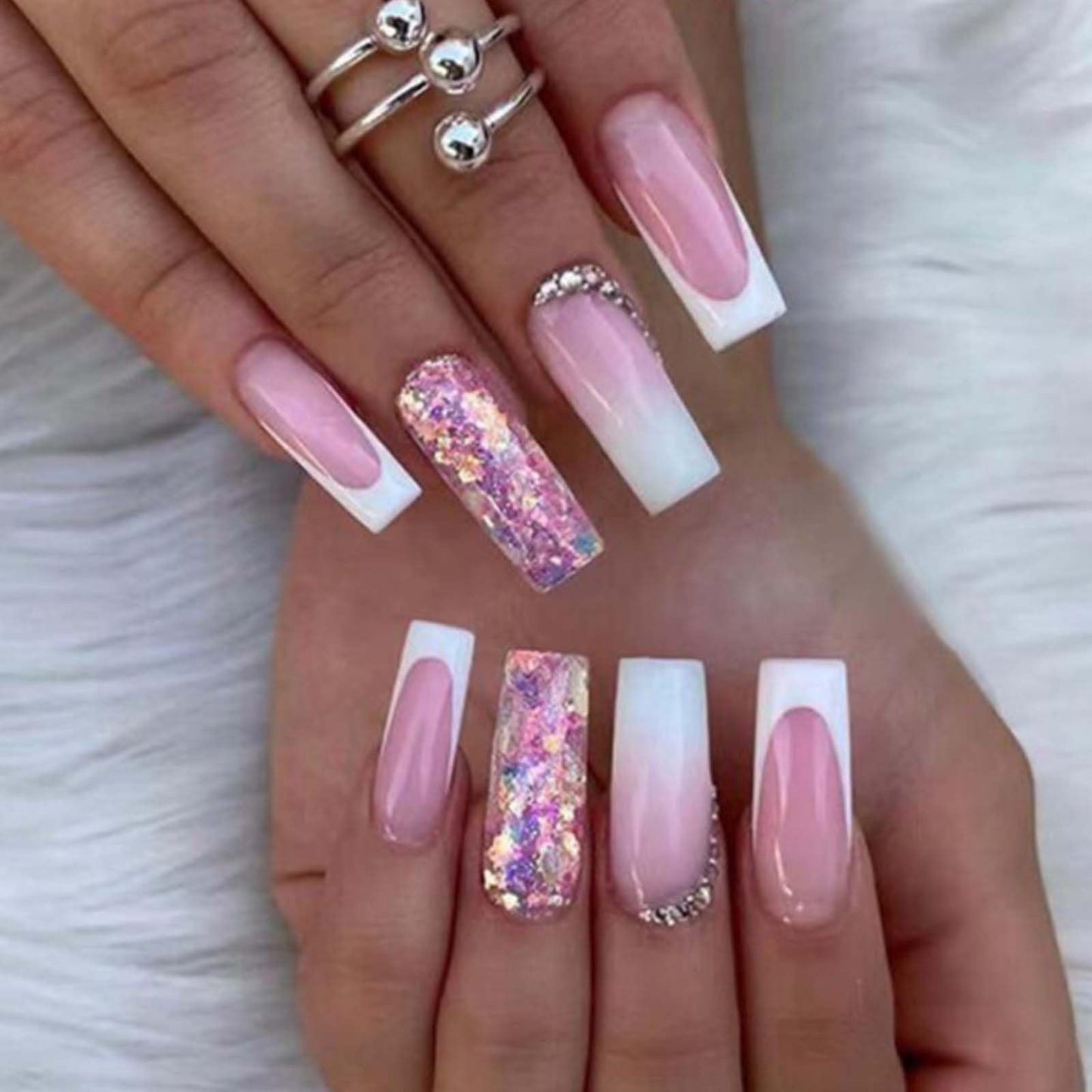 Gifiky Long Coffin False Nails White French Press on Nails Gradient Nails Tips Acrylic Cute Glitter Fake Nails for Women and Girls 24Pcs