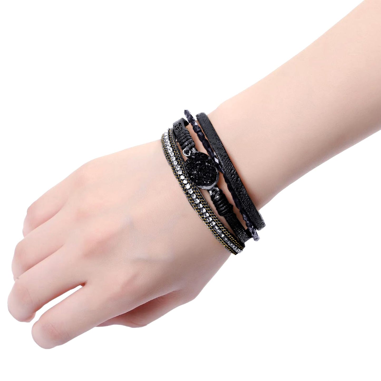 Fesciory Leopard Bracelet for Women, Boho Leather Wrap Multi-Layer Pearl Crystal Bracelet Bangle Jewelry(Black Stone(Short))