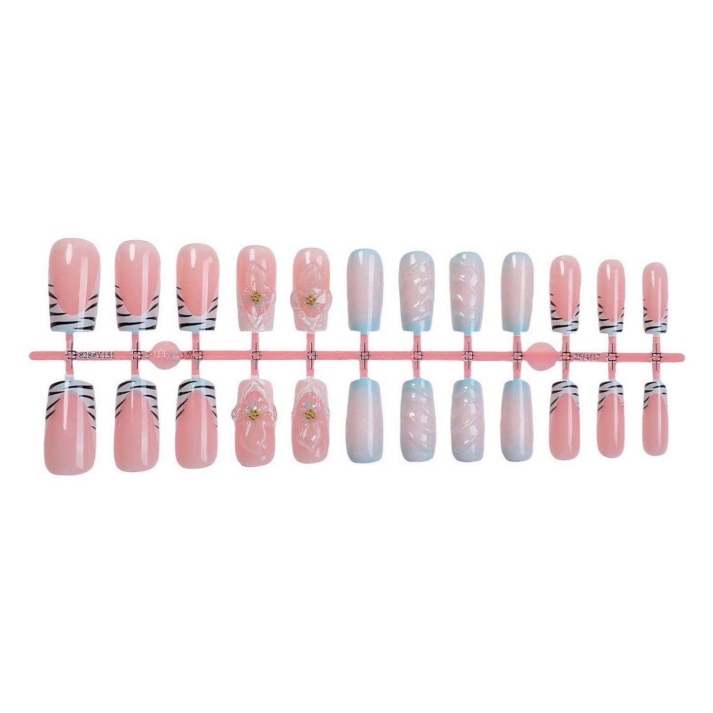 MISUD Press on Nails - Long Square Glue on Nails with Blue Pink, Acrylic Flower Design 24 pcs