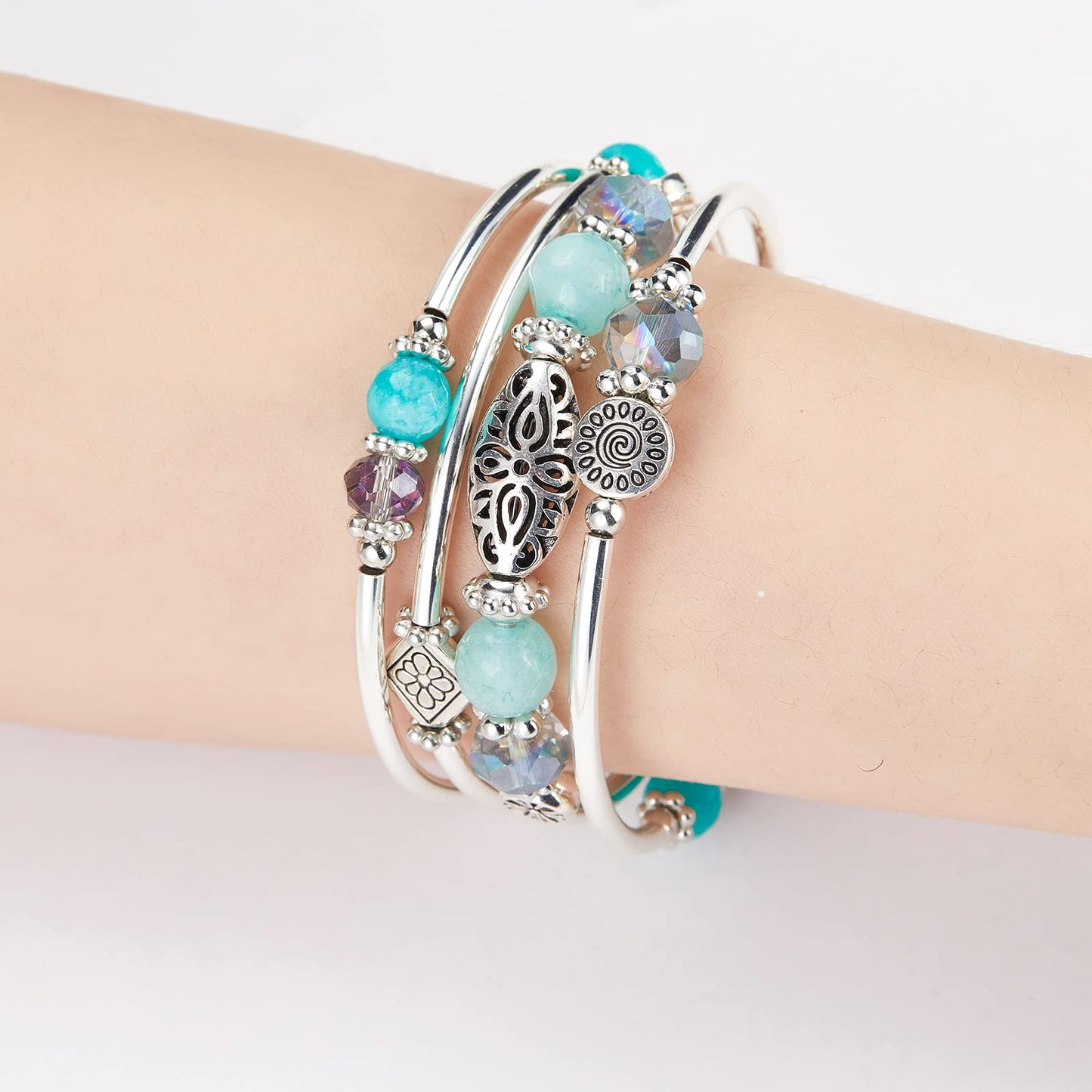 FULU AUTUMN Stackable Beaded Bracelets for Women Boho Wrap Silver Bracelet Layered Fashion Jewelry Gifts for Her(Turquoise)