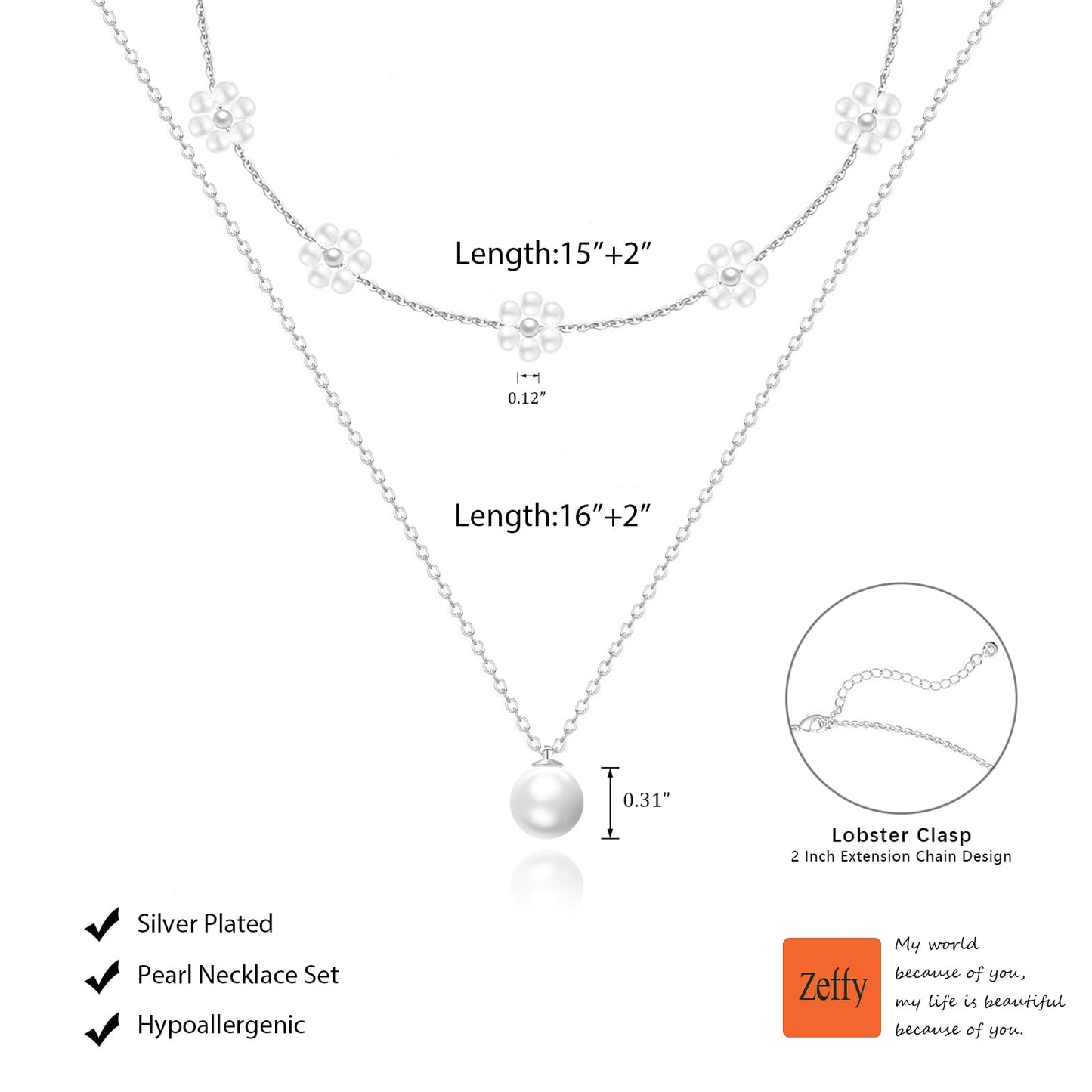 Zeffy Silver Daisy Flower Pearl Layered Necklace Cute Silver Necklace Stack Wedding Jewelry Sets for Women Bridesmaid Gifts 2PCS