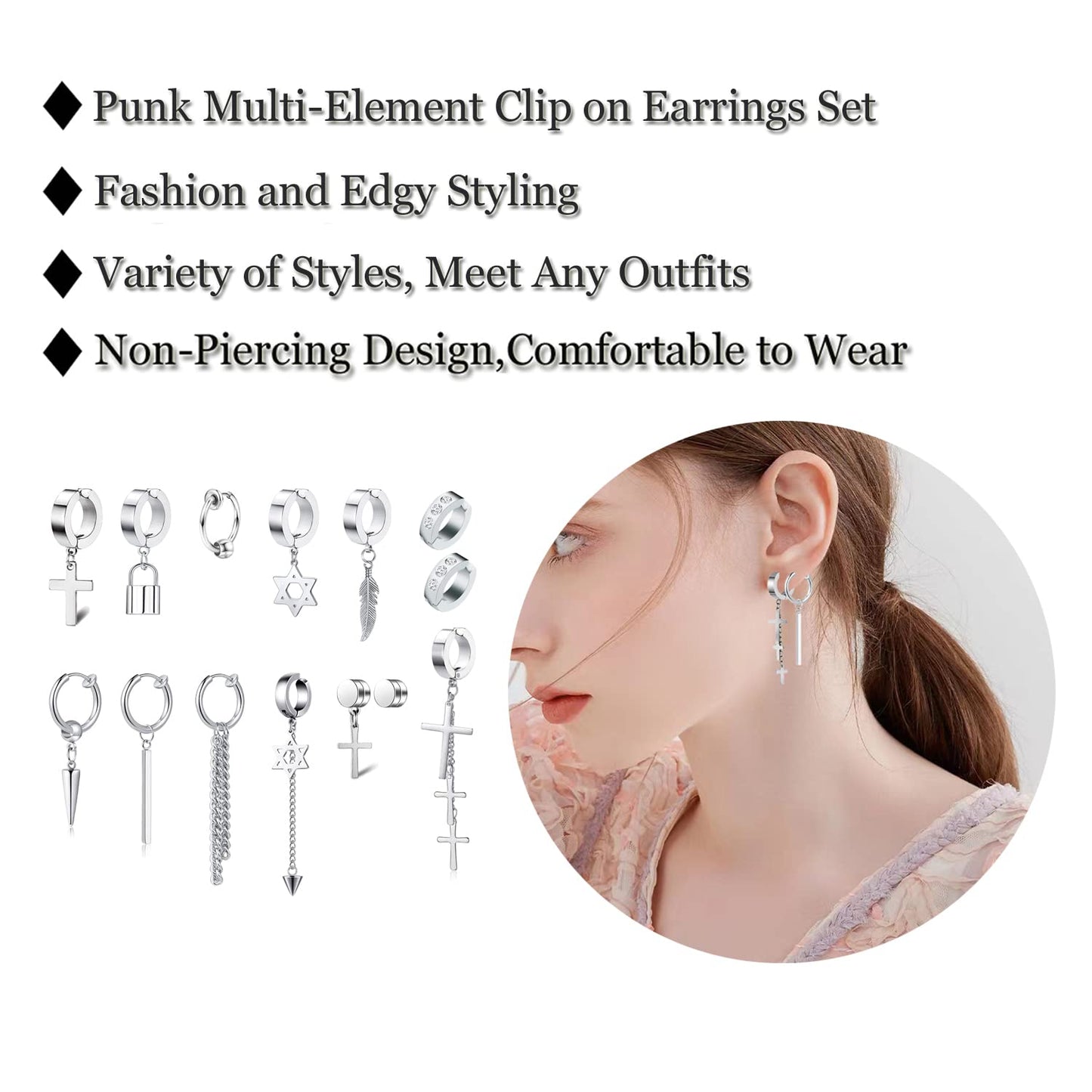 14 Pcs Silver Goth Stainless Steel Non Pierced Fake Piercing Cross Feather Spike Awl Star of David Dangle Tassel Clip on Hoop Earrings Set Jewelry for Unisex