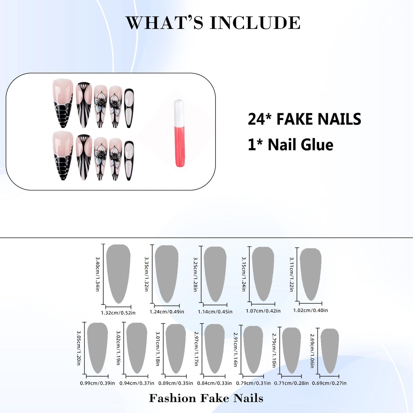 IMRAIN Press on Nails - Long Stiletto Fake Nails, Black French Tips False Nails with Flower Designs, Full Cover Acrylic Gel Glue on Nails