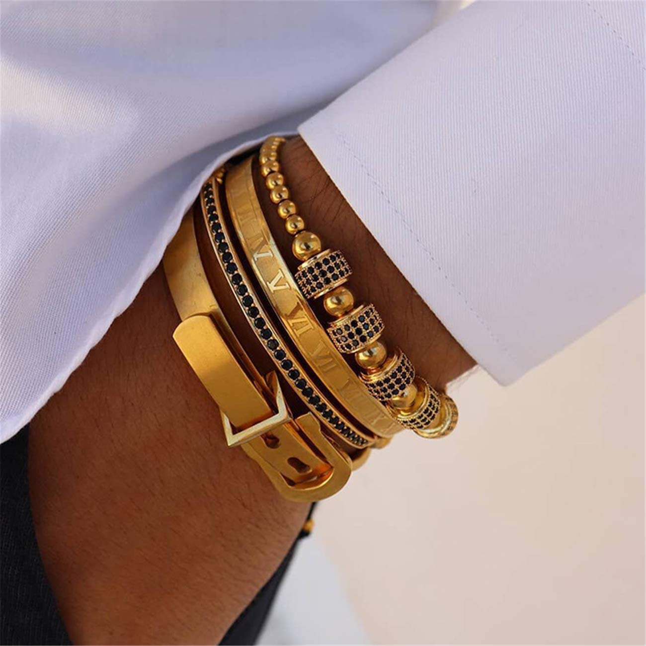 Jarlinwel Gold Silver Plated Bracelets for Men Women Roman Numeral Bangle Bracelet Stainless Steel Personalized Engraved Unisex Gift (4 Pcs Mens Gold Bangle)