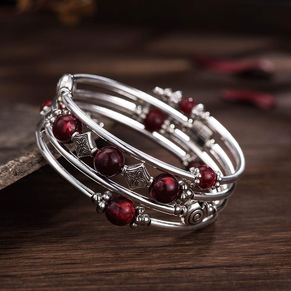 Beaded Pearl Bangle Wrap Bracelet - Fashion Bohemian Jewelry Multilayer Charm Bracelet with Thick Silver Metal Beads, Gift For Women(Dark Red)