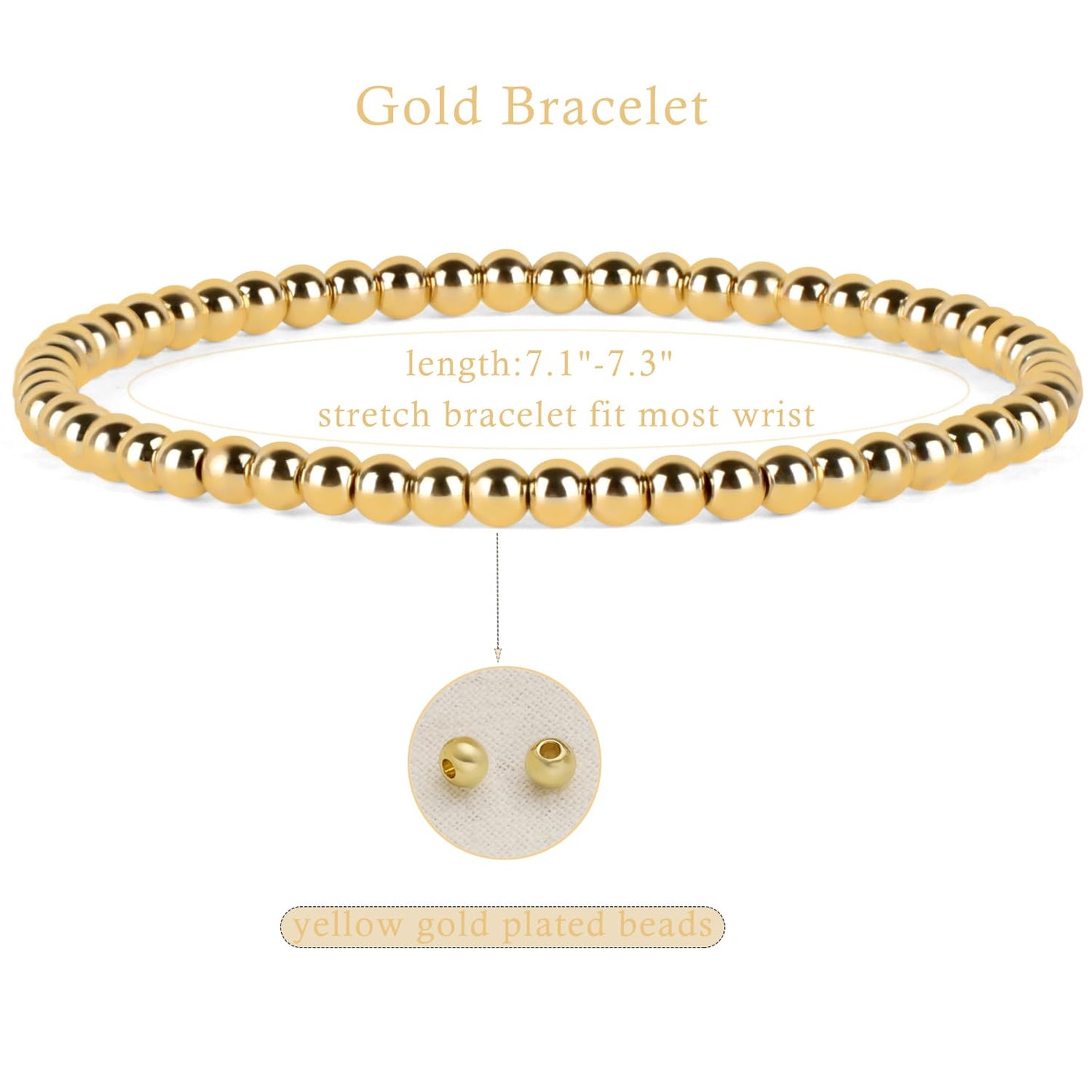 QOGIR 14K Gold Plated Beads Gemstone Stretch Elastic Dainty Handmade Beaded Bracelets for Women Gifts 4mm