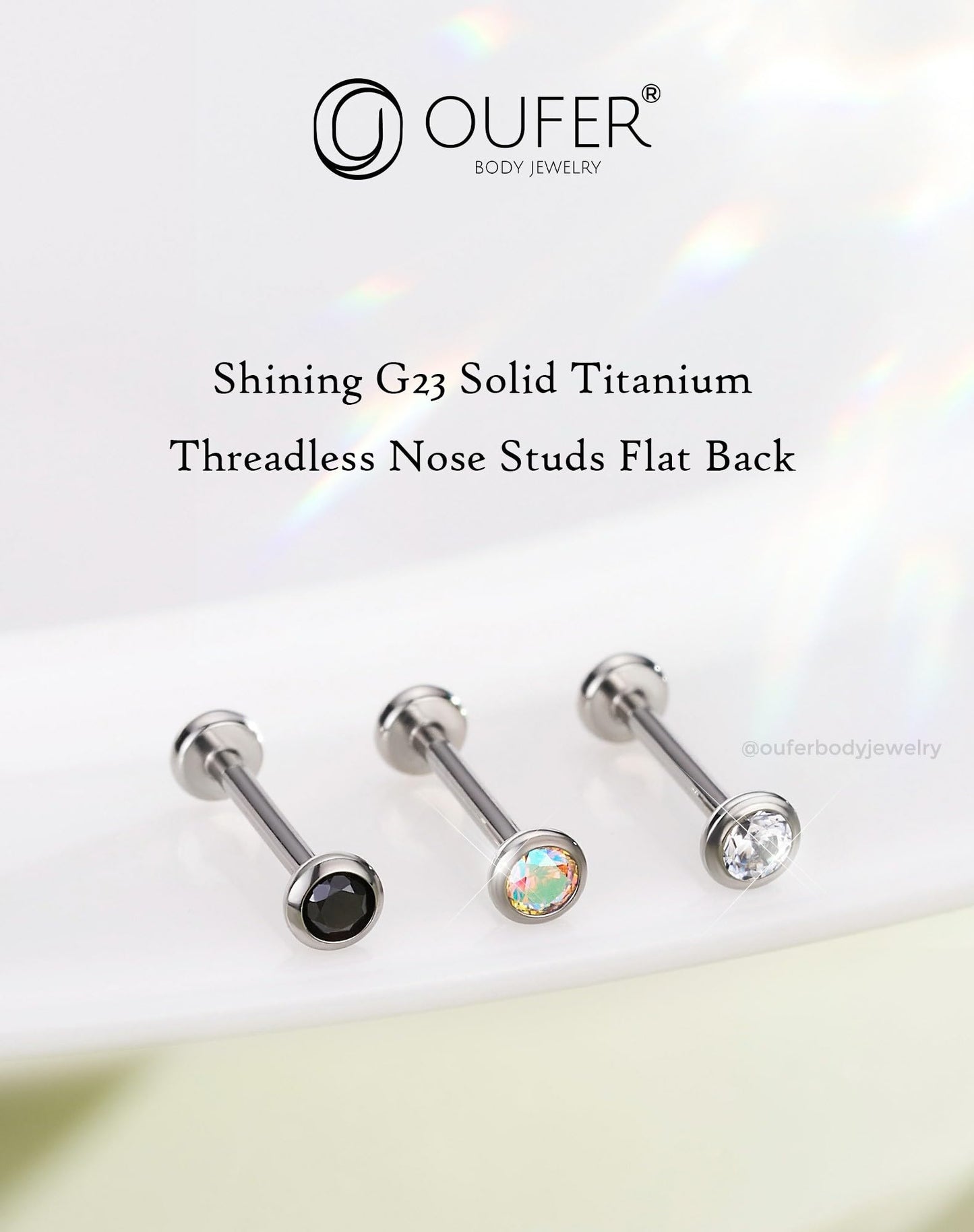 OUFER 2Pcs AB Nose Studs, 20G G23 Solid Titanium Threadless Nose Studs 2.5MM Flat Back Tiny CZ 2.5MM Nose Nostril Piercing Jewelry-7MM