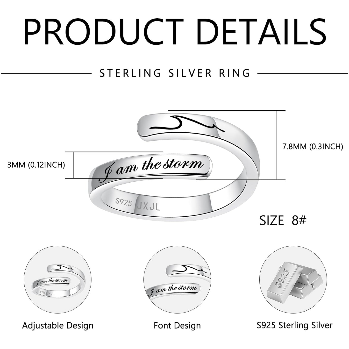 JXJL S925 Sterling Silver Inspirational Jewelry Rings Adjustable Ring Personality Encouragement Gift for Teens Women 8#