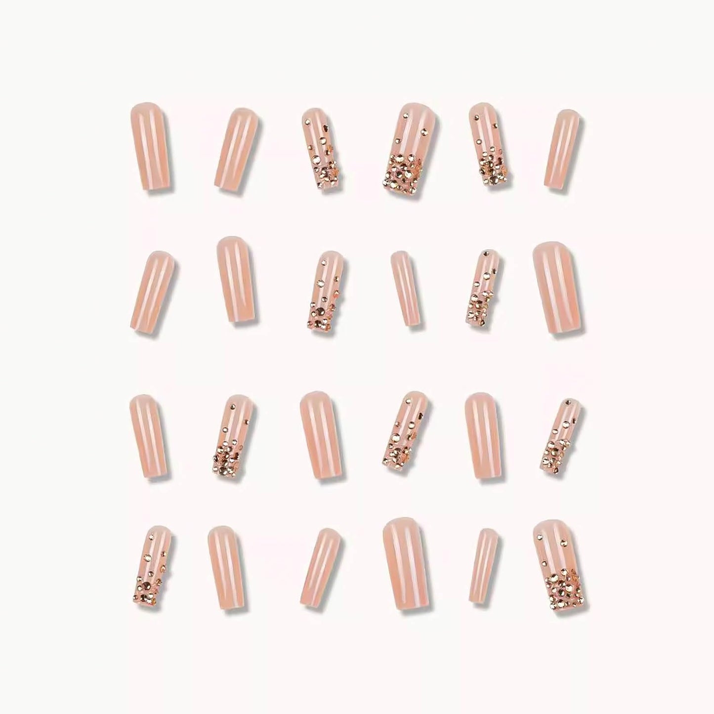 RUOKEXIN Long Square Press on Nails Gold Fake Nails Long False Nails with Gold 3D Rhinestones Designs Glue on Nails Glossy Artificial Nails Cute Stick on Nails for Women 24Pcs
