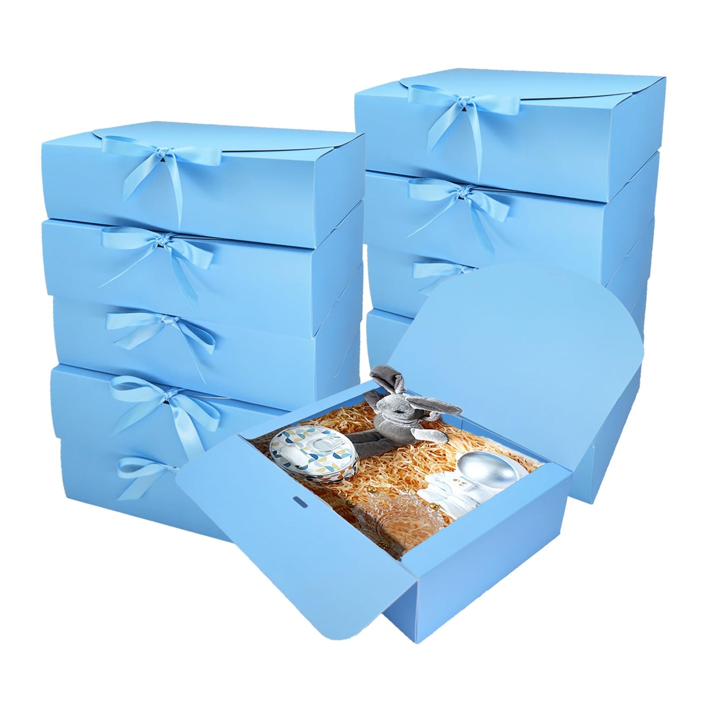 BoShahai 10 PCS Gift Boxes with Lids, 10.6x7.8x3.1 Inch Kraft Paper Gift Box, Blue with Ribbon, Bridesmaid Proposal Box for Wedding, Packaging, Present, Birthday, Cupcake,Groomsmen Proposal