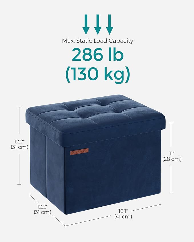 SONGMICS Storage Ottoman, Foldable Small Ottoman Foot Rest, 12.2 x 16.1 Inches Foot Stool, Load up to 286 lb, for Living Room, Bedroom, Dorm, Midnight Blue ULSF200Q01