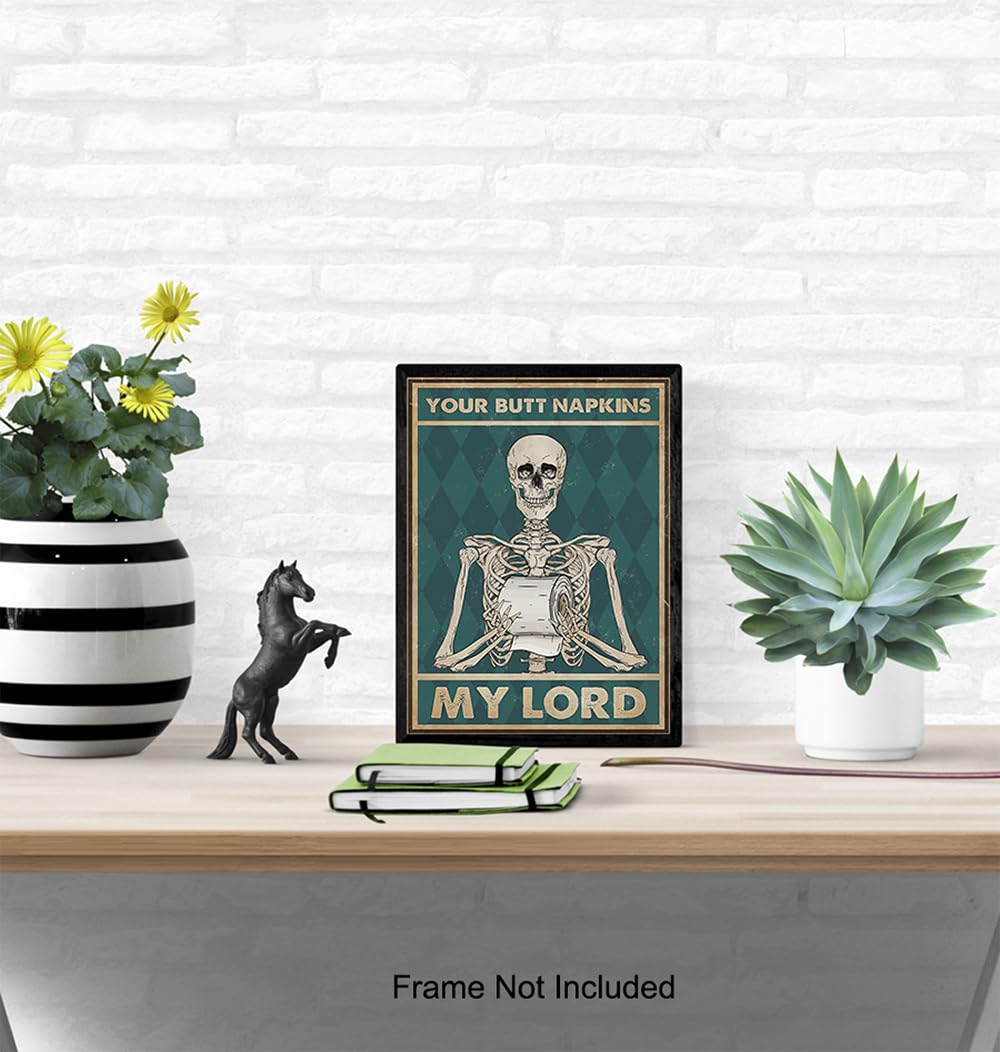 Spooky Bathroom Decor LARGE 11x14 - Skeleton Decoration - Funny Bathroom Wall Art - Your Butt Napkins My Lord - Humorous Bath Decor - Gothic Wall Art - Bath Accessories - Powder room Picture