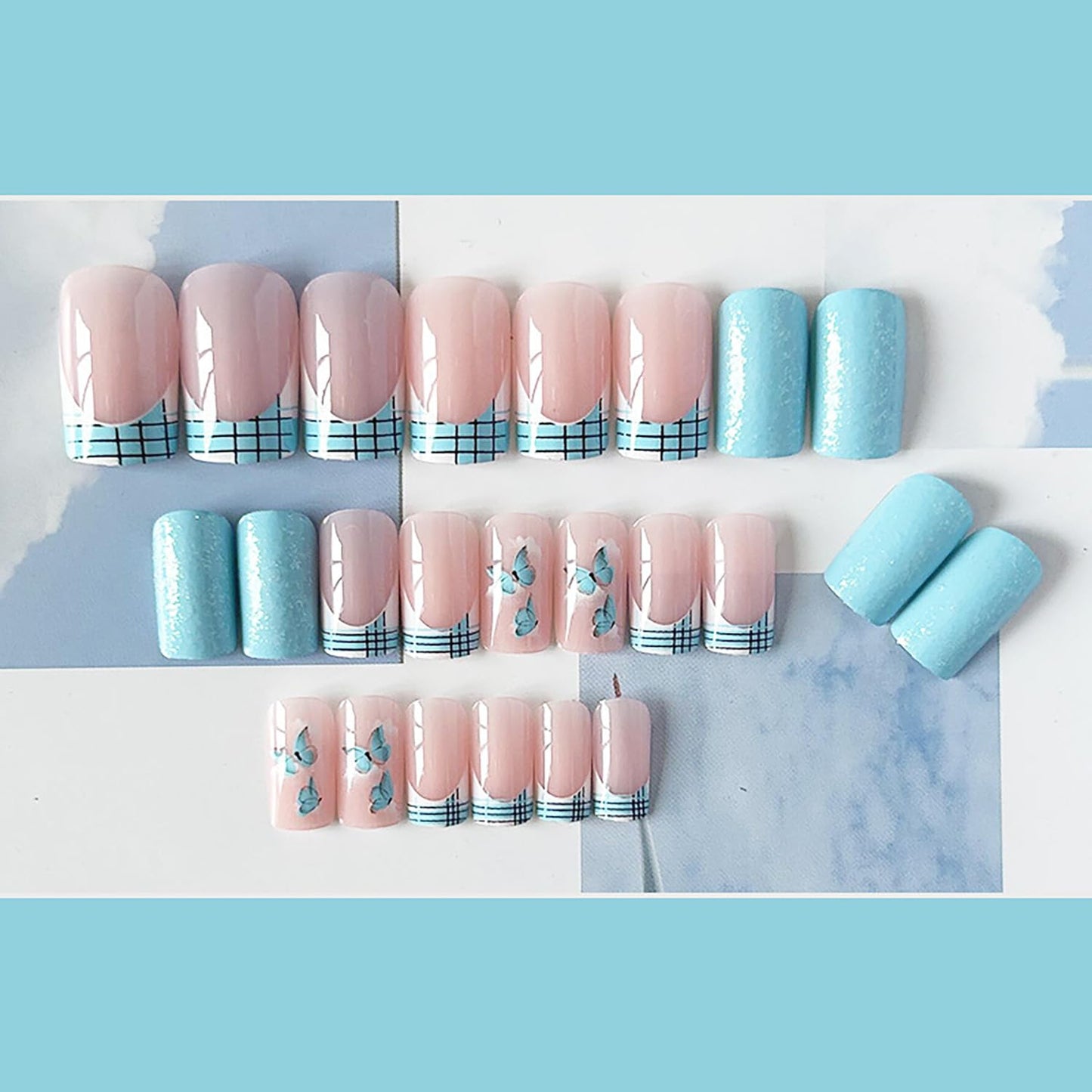 Vezocim French Tips Press on Nails Square Shapes 24Pcs Glossy Full Cover Medium Acrylic Blue Square False Nails with Butterfly Designs Artificial Coffin Fake Nails Glue ons Fingernails for Women