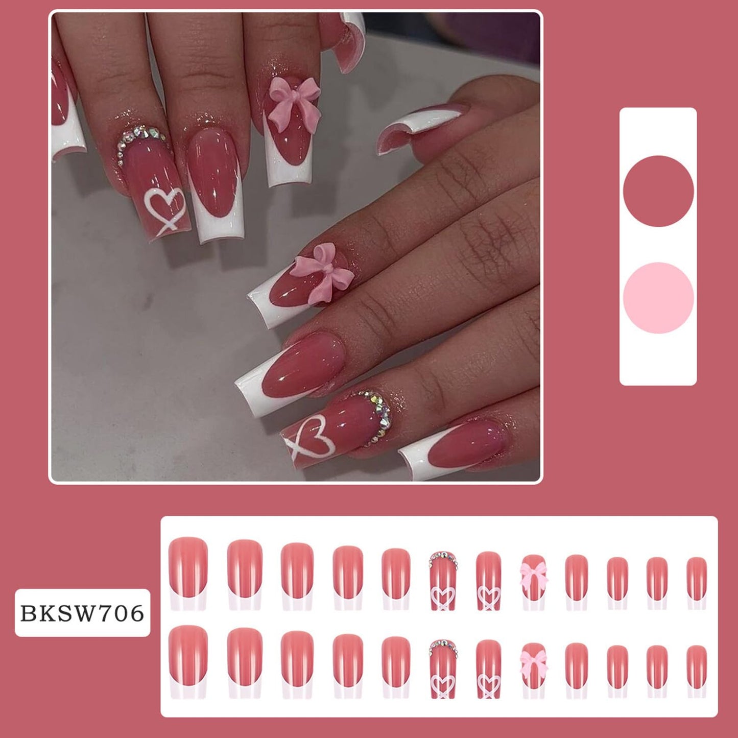 Heart Press on Nails Medium Square Artificial Acrylic French White Fake Nails 3D Bow with Translucent Love Full Cover Glossy Rhinestones Valentines Artificial Fingernails Stick on Nail for Festival