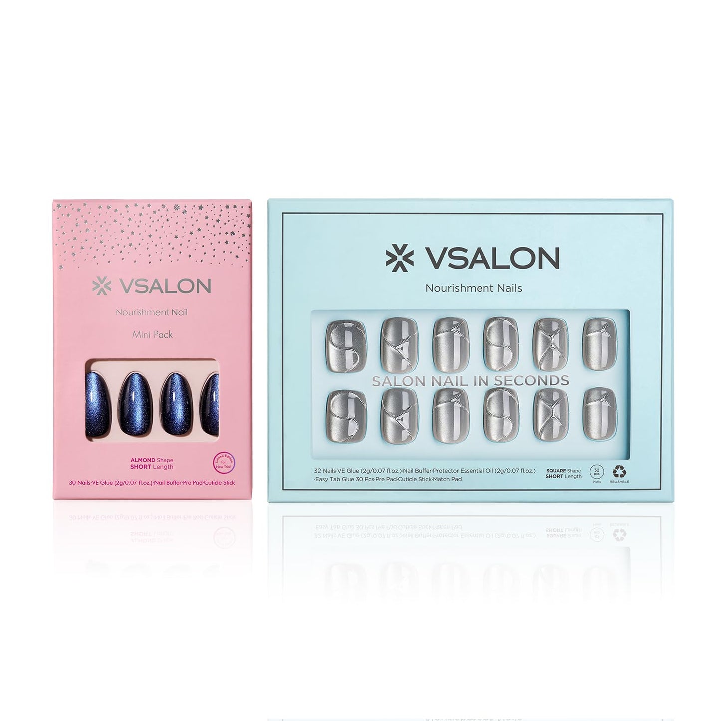VSALON Square Short Press on Nails, Silver Gray 3D Urban Punk Style Cat Eye Nail Kit & Blue Cat Eye Mini Pack