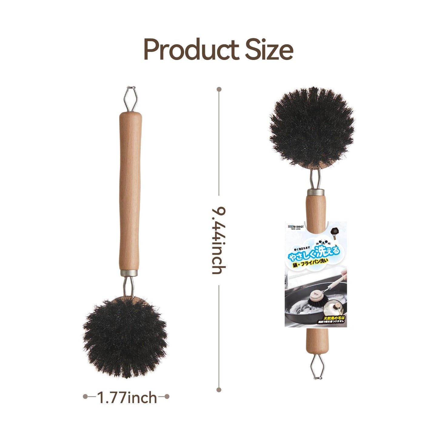 Dish Brush Set of 2, Wooden Handle Natural Bristle Scrubber, Non-Scratch Grease Absorbent for Non-Stick & Cast Iron Cookware, Kitchen Dishwashing Scrub Brush for Cleaning Dishes, Pots, Pans, Sink