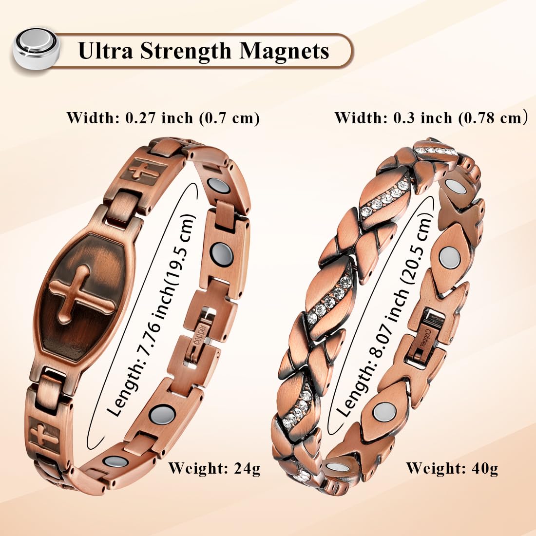 Vicmag 2PCS Copper Magnetic Bracelets for Women 100% Solid Pure Copper Bracelets with Gift Box & Adjust Tool