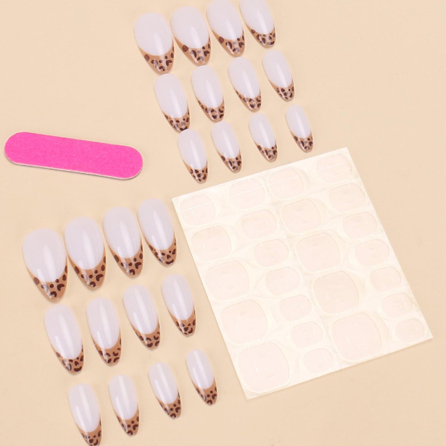 Hkanlre Leopard Print Press on Nails Almond White Fake French Nails Tips Full Cover False Medium Nails for Women 24PCS