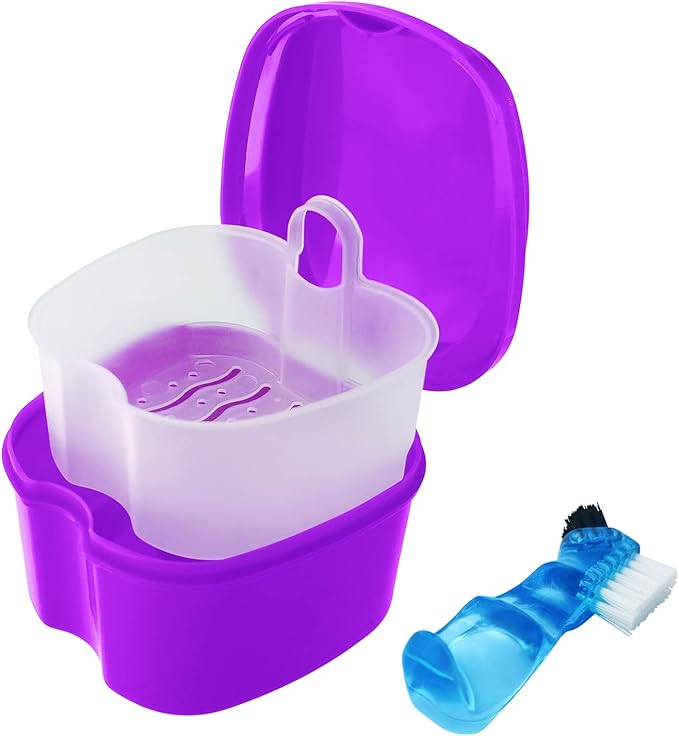 Colorful Denture Bath Case with Brush, Denture Cup Soaking Holder False Teeth Container Mouth Guard Storage Case Cleaning with Lid Waterproof - Purple