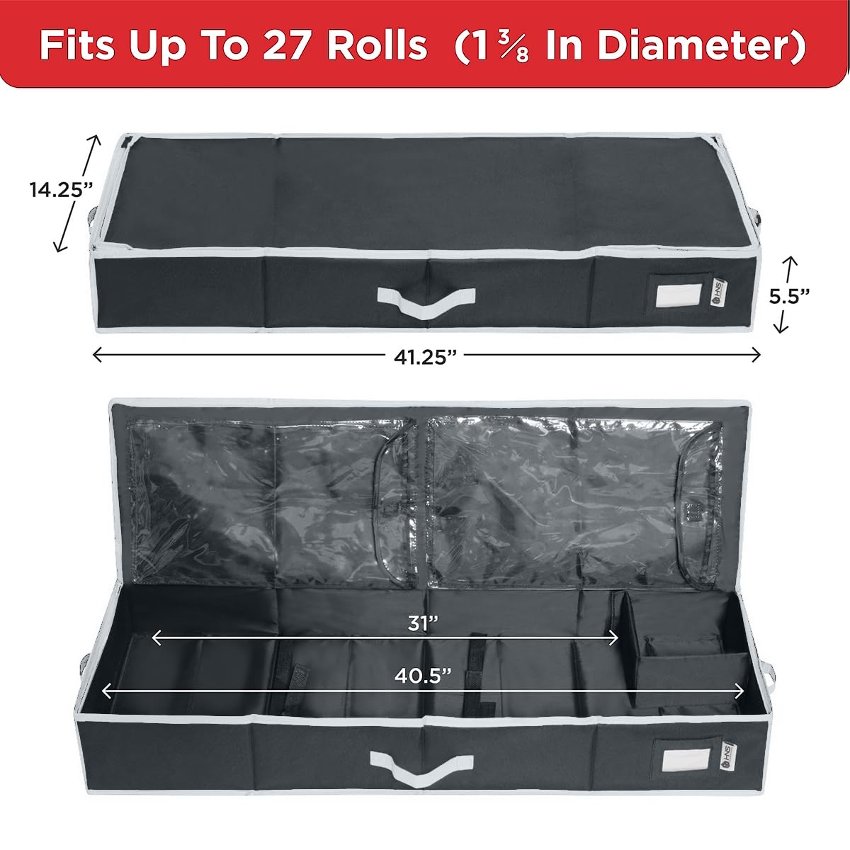 HOLDN' STORAGE Premium Wrapping Paper Storage Container - Durable 600D Tear-Proof, Fits 27 Rolls Gift Wrap, Extra Pockets for Ribbons & Bows, Underbed Storage - Ideal for Holiday Christmas, Black/White Trim