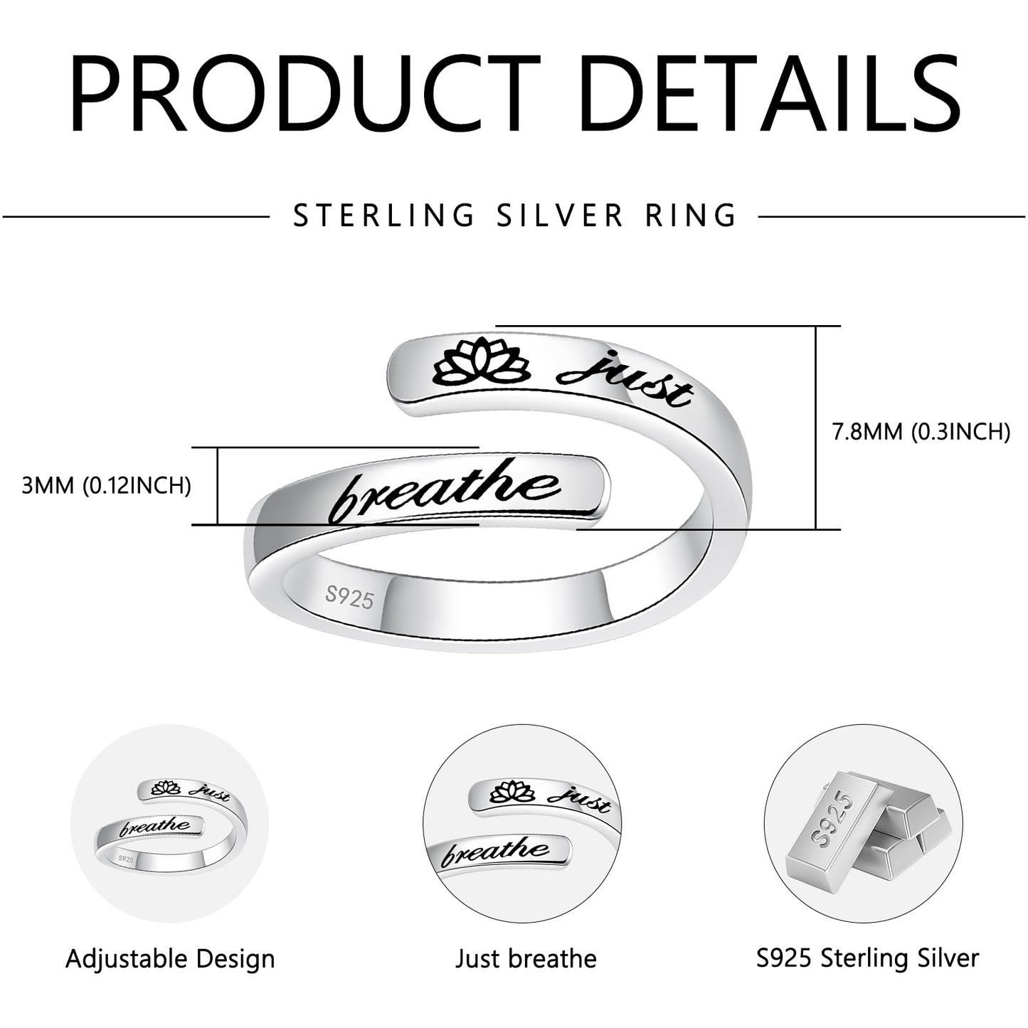 S925 Sterling Silver Inspirational Jewelry Rings Adjustable Ring Personality Encouragement Gift for Teens Women
