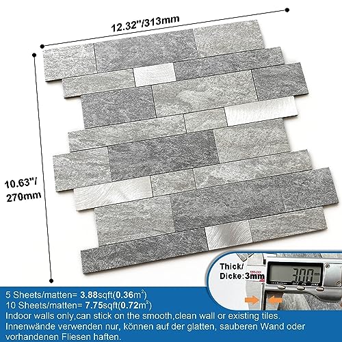 MOFIT Backsplash Tile for Kitchen Peel and Stick Stone Matte Finish,Bathroom Tiles Stickers 3D Wall Panel Linear Mosaic Marble Backsplash Waterproof(10sheets,Gray Silver) - color: Gray Silver, size: 10sheets