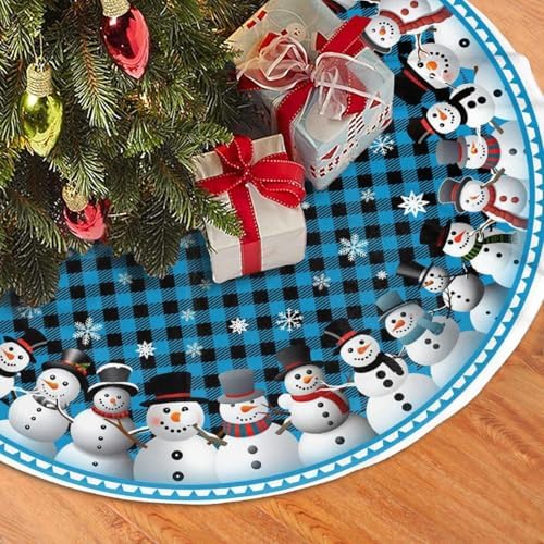 Blue Buffalo Plaid Snowman Christmas Tree Skirts 36", Xmas Tree Cloth Mats Trees Skirts for Decor Gift, Home Decoration