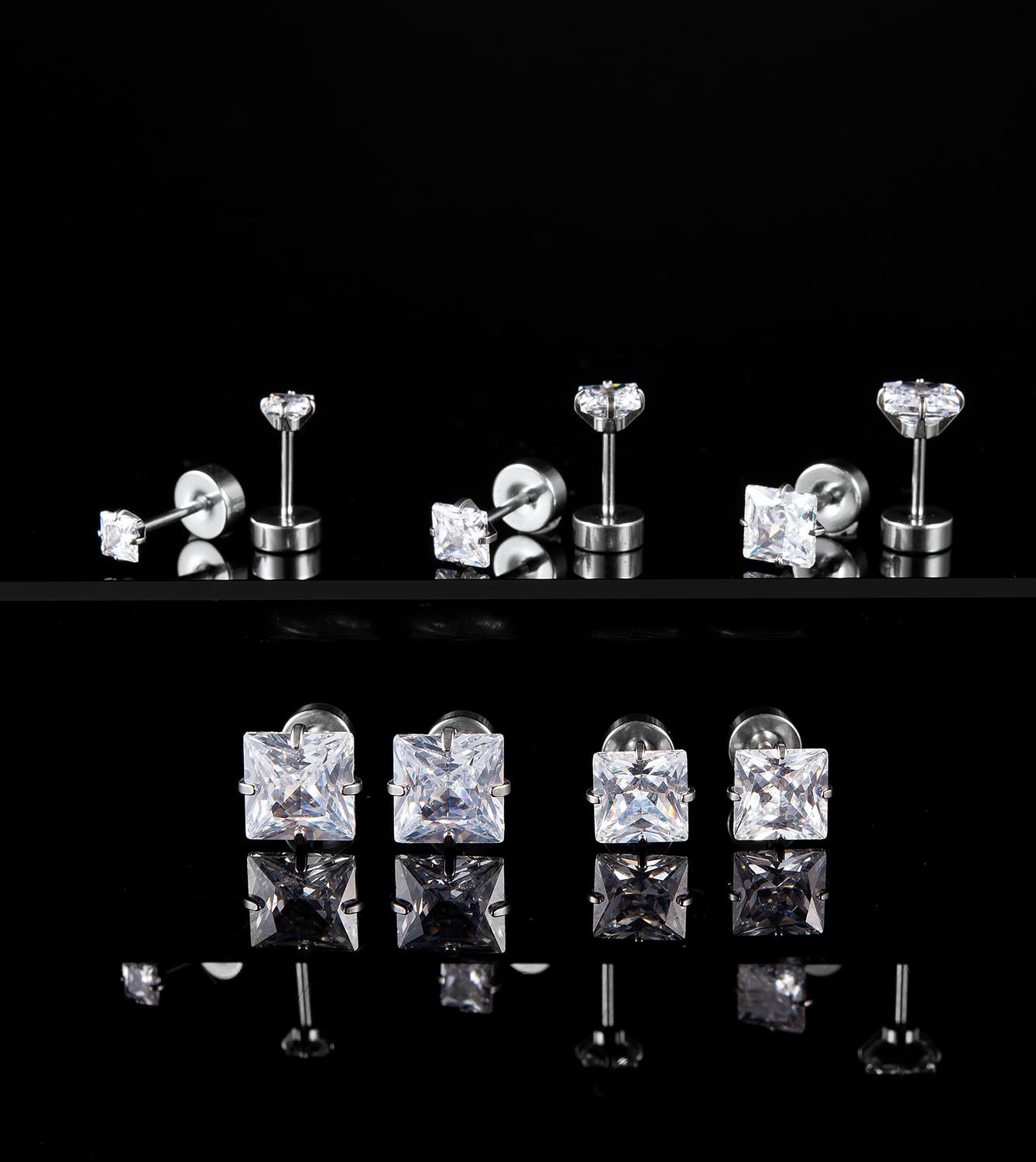 Princess Cut Square CZ Stud Earrings Flat Back, Screw Back Small Silver Clear Cubic Zirconia Studs Earrings Set for Women Men, Pack of 3 Pairs (3mm 4mm 5mm)