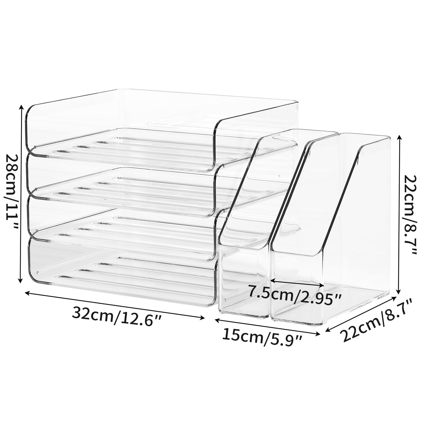 FANXIYQ 4-Tier Horizontal Acrylic Paper Tray Organizer with Bookends | Clear Stackable Desk Organizer for Documents, Letters, A4 Paper | Modern Office/Classroom/Home Organization