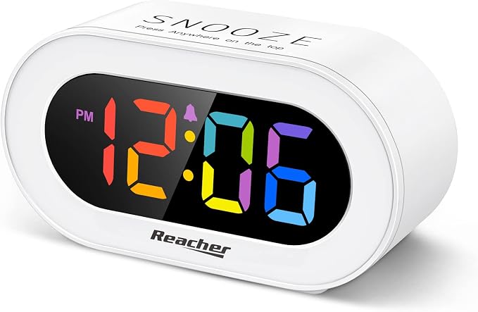REACHER Small Colorful LED Digital Alarm Clock with Snooze for Bedrooms