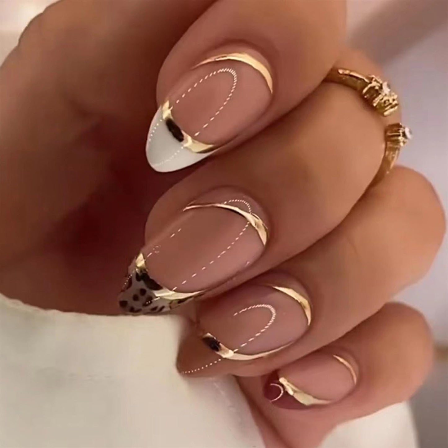 Short Almond Press on Nails Gold Line Fake Nails Glossy Red French Tip Artificial Acrylic Nails Leopard Stick on False Nails Glue on Nails 24 pcs