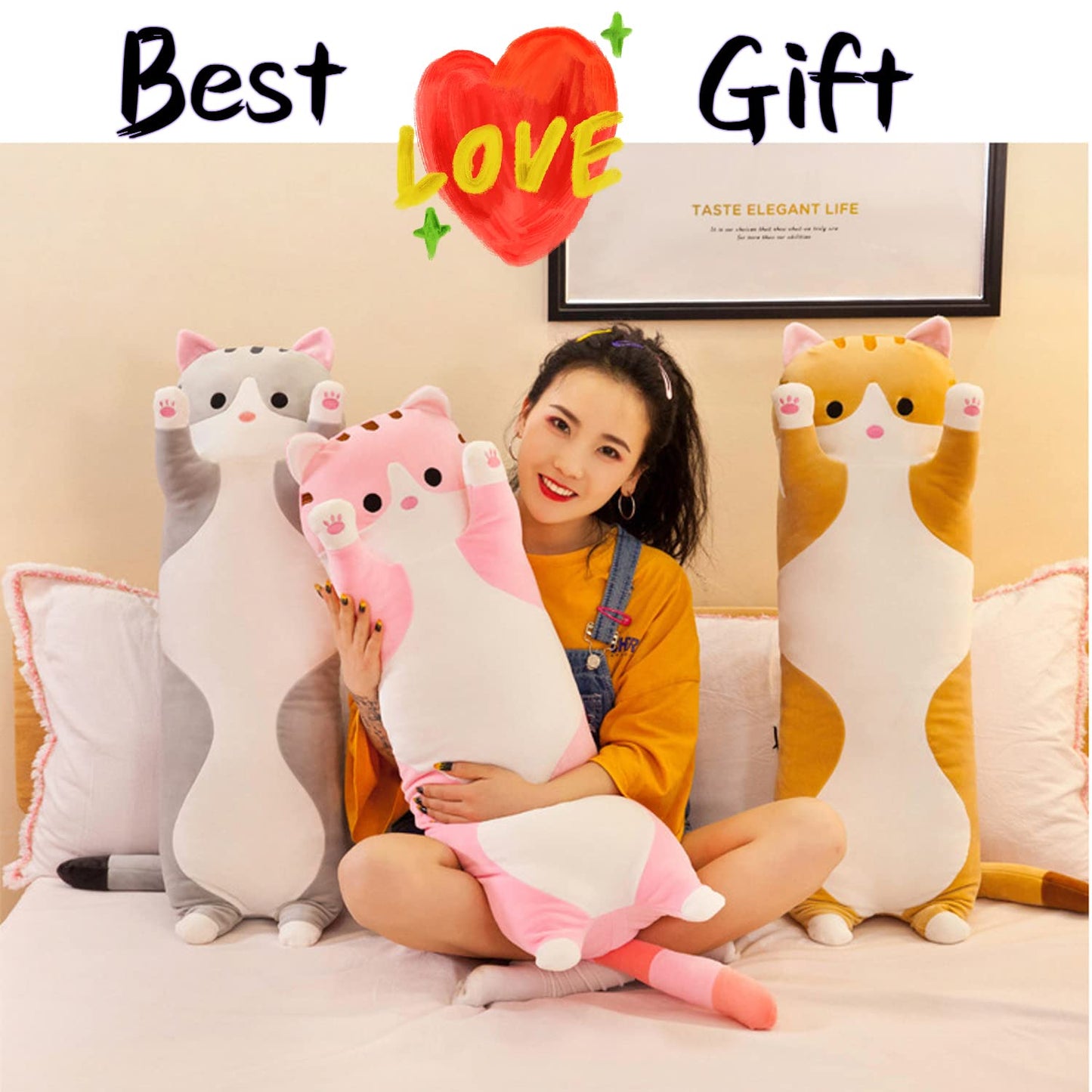 Handytoolinc Soft Cat Plush Pillow Long Stuffed Animals Sleeping Pillow Cotton Kitten Pillow Cute Long Body Pillow Gift for Kids Girlfriend (35.4inch/90cm,Pink)