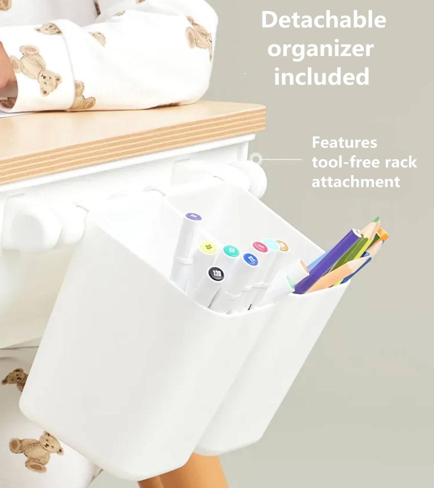 Tonlevo Toddler Desk & Chair Set - Adjustable Height Kids Table with Storage, Solid Wood Legs, Ergonomic for Arts & Crafts, Learning, Snacks & Play (Ages 1-8) - Tool-Free Assembly, White/Natural Wood
